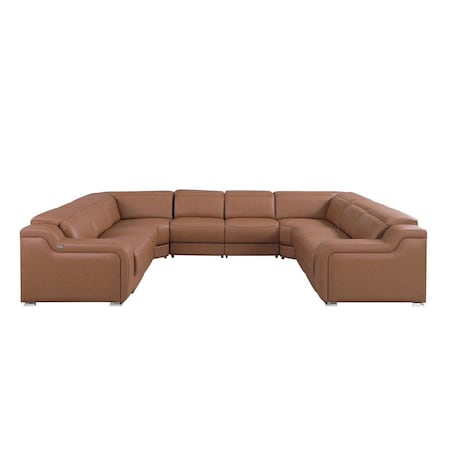 Homeroots Chestnut Italian Leather Power Reclining U Shaped Eight Piece Corner Sectional With Console 632577