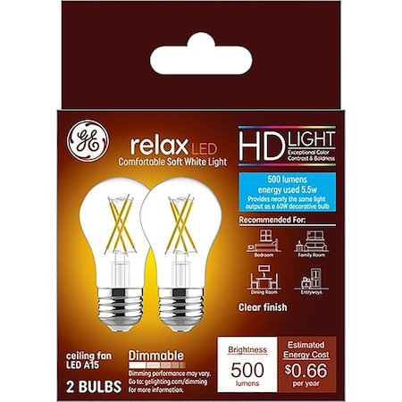 Ge Industrial Solutions LED Bulb, General Purpose, A15 Lamp, E26 Lamp Base, Dimmable, Clear, Soft White Light, 2PK 36980