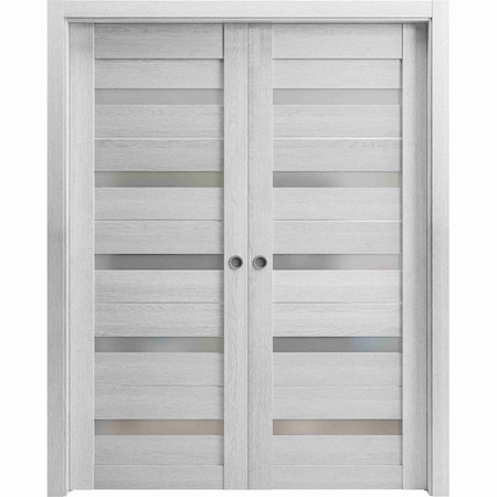 Sartodoors Sliding French Dbl Pocket Doors, 60 x 96in, Light Grey Oak W/ Frosted Glass, Kit Trims Rail Hardware QUADRO4445DP-OAK-6096