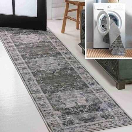 Jonathan Y Alanya Ornate Medallion Non-Slip Machine-Washable Dark Green/Gray 2 ft. x 8 ft. Runner Rug WSH100B-28
