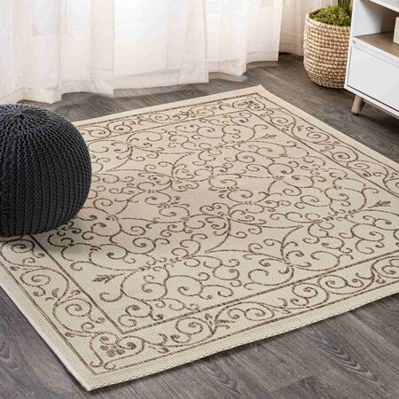 Jonathan Y Charleston Vintage Filigree Textured Weave Beige/Brown 4 ft Square Indoor/Outdoor Area Rug SMB106A-4SQ