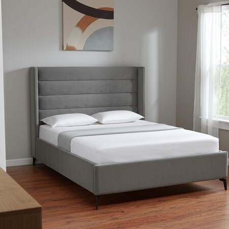 Homeroots Light Gray Velvet Upholstered Queen Bed Frame 544810