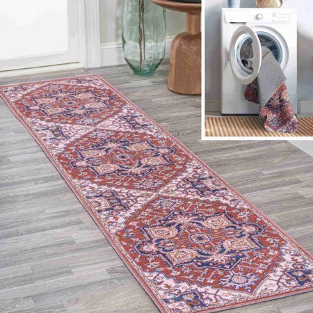 Jonathan Y Cirali Ornate Large Medallion Machine-Washable Red/Navy 2 ft. x 8 ft. Runner Rug WSH105A-28