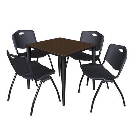 Regency Square Kahlo Breakroom Table W/ 4 M Stack Chairs, 30 in W, 30 in L, Neo Walnut TPL3030NWBK47BK