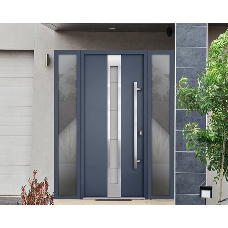 Vdomdoors Steel Door Deux 1717 Gray Graphite 2 Sidelight Exterior Windows Stainless Inserts Single Modern Pai DEUX1717EXD-GRE-W12+36+12 x H80-Left-hand Inswing
