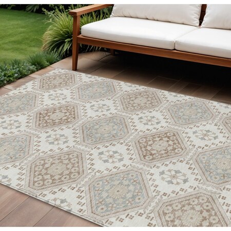 Homeroots 10' X 14' Ivory And Brown Floral Washable Indoor Outdoor Area Rug 610756