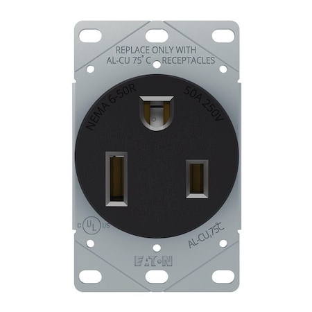 Eaton Wiring Devices Straight Blade Receptacle, 6-50R, 50 A, 250V AC, 2 Pole, 3 Wire, Flush Mount, Grounded AH1254BK-BOX