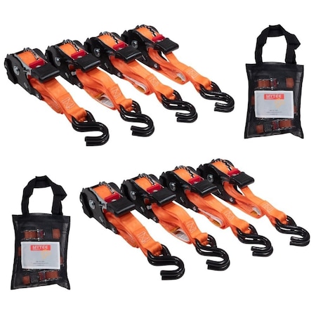 Mytee Products 8 Pack 1in x 12ft Orange Auto Retractable Ratchet Straps with S Hook Tiedowns, 2PK RS112R-OR4PKx2