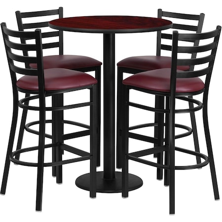Flash Furniture Round Mahogany Bar Table, X-Base w/Brgndy Seats, Laminate Top, Wood Grain RSRB1026-GG