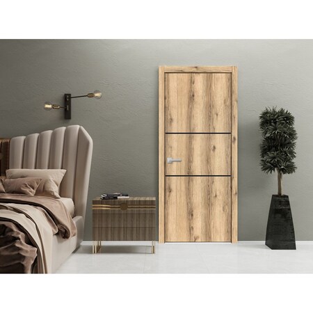 Sartodoors Modern Wood Interior Door with Hardware, Planum 0014 Oak and Aluminum Strips, Single Panel Frame Tr PLANUM0014ID-DUB-1884