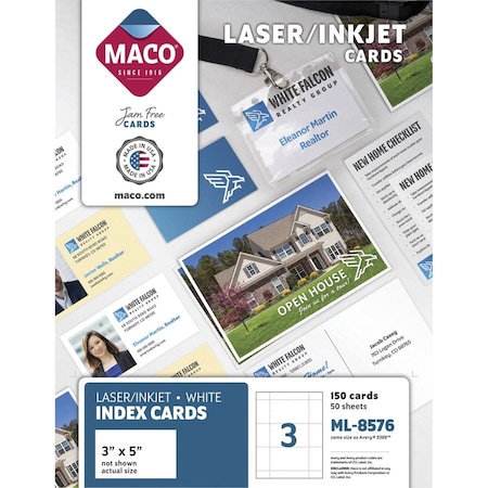 Maco Tag & Label Maco UnRule Index Cards ML8576, 3" x 5", White, 150/Box ML8576