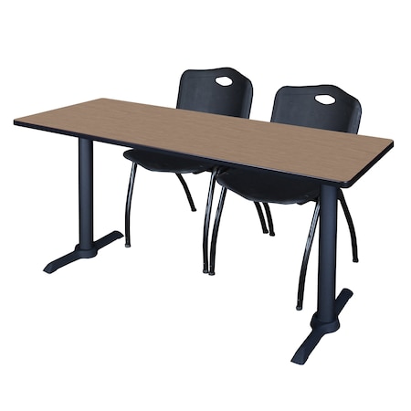 Regency Cain T-Base Training Seminar Table W/ 2 M Stack Chairs, 66 in W, 24 in L, Noble Oak MTRCT6624NO47BK