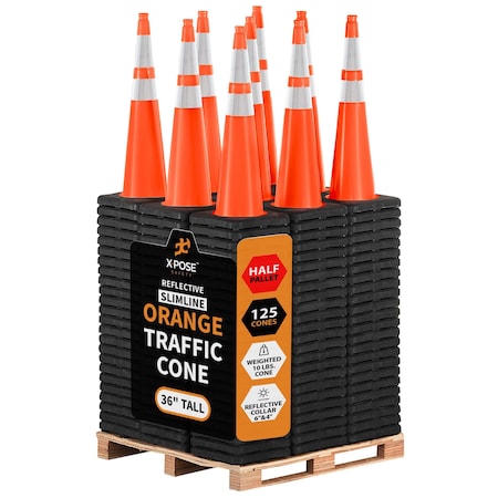Xpose Safety 36 in Slim Line Orange Traffic Cone, PVC, 6 in & 4 in Collar, DOT Approved, 125 PK, Half Pallet OTC36SL-64-HP125-X