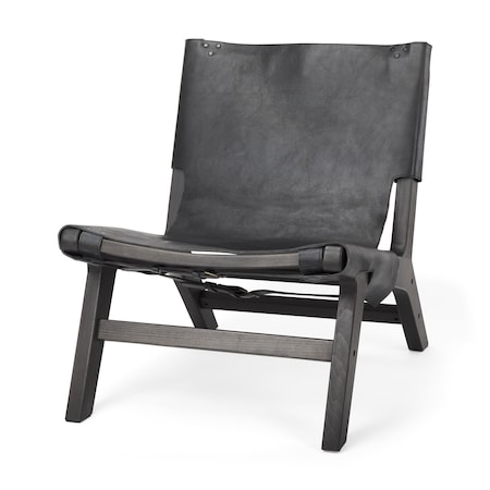 Homeroots 32" Black Genuine Leather and Solid Wood Slipper Chair 606002