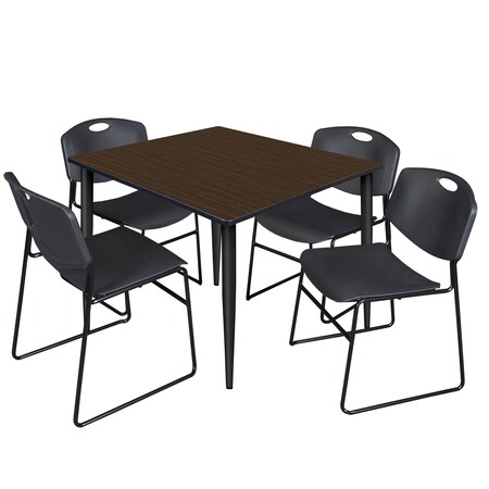 Regency Square Kahlo Breakroom Table W/ 4 Zeng Stack Chairs, 48 in W, 48 in L, Neo Walnut TPL4848NWBK44BK