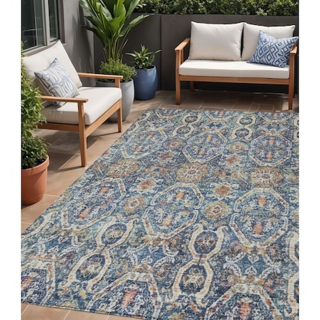 Homeroots 5' X 8' Denim Blue Beige And Brown Floral Washable Indoor Outdoor Area Rug 605850