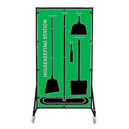 5S Supplies 5S Housekeeping Shadow Board Broom Station Version 4 - Green Board / Black Shadows  With Broom HSB-V4-GREEN-KIT