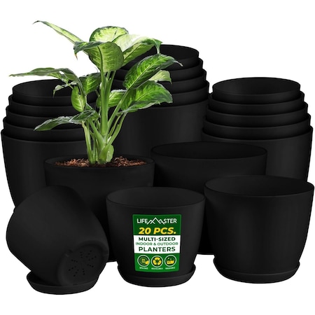 Lifemaster Plant Pots with Multi Drainage Holes, Sturdy Plastic, Stackable, Indoor/Outdoor, Black, 20PK LMFLOPBLK27