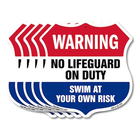 Signmission Pool Warning Shield Sign No Lifeguard On, 12 inch X 12 inch, Aluminum Metal Sign, 5PK SHI-A-5Pack-12-432