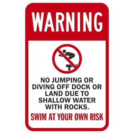 Lyle Warning Shallow Water, No Jumping or Diving Off Dock or, 12x18, Non-Reflective, White G-4493-NA_12x18