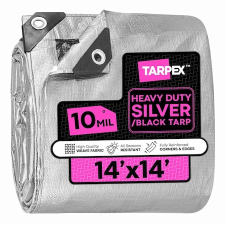 Tarpex Heavy Duty Tarp, 14 ft x 14 ft, 10 Mil, Silver/Black, Polyethylene STH-TA-1414