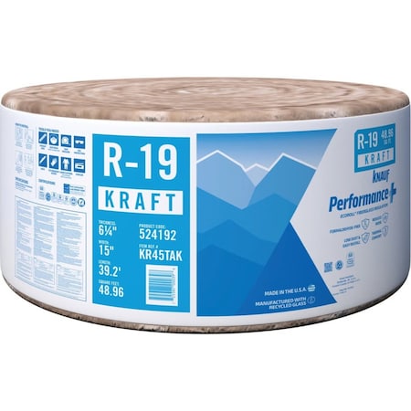 Knauf R-19 Kraft Faced Fiberglass Roll Insulation, bundle of 6 bags, covers 294SF, 6PK 524192
