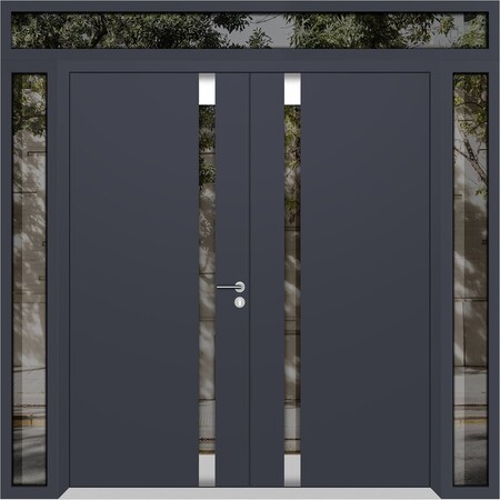 Vdomdoors Aluminum Double Doors Cynex 6777 Grey 2 Sidelights and Top Transom Mirrored Clear Glass Modern Pain CYNEX6777DEXD-GRE-W14+72+14xH80+14-LH-I