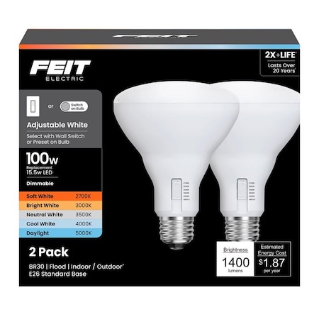 Feit Electric Feit BR30 E26 Medium LED Bulb Adjustable White 100 Watt Equivalence, 2PK BR30100DM6WYCA2