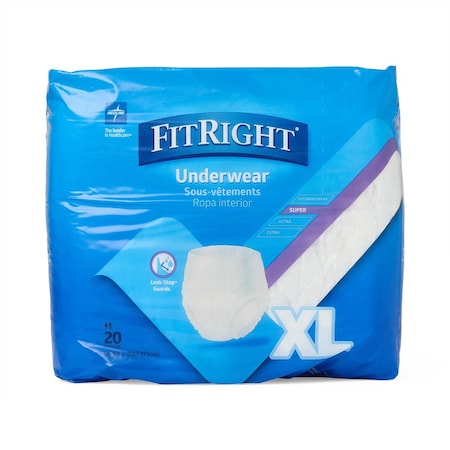 Medline FitRight Super Protective Underwear, Size XL, for Waist Size 56in-68in, 20PK FIT33600AZ