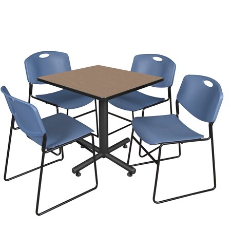 Regency Square Kobe Breakroom Table W/ 4 Zeng Stack Chairs, 30 in W, 30 in L, Noble Oak TKB3030NO44BE