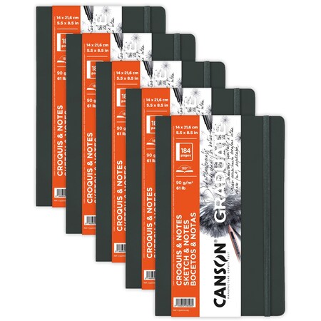 Canson Graduate Sketch & Notes Art Book, Dark Gray, Soft Cover Binding, 92 Sheet, 5.5x8.5 inch, 5PK C31200L045