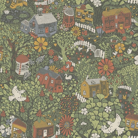 A-Street Prints Bygga Bo Green Woodland Village Wallpaper 4111-63003