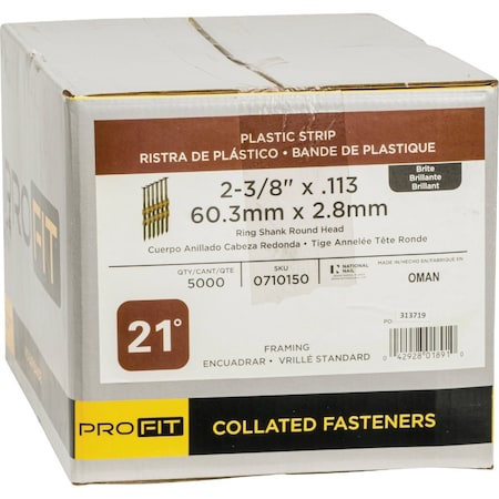 Pro-Fit 2-3/8'' x 0.113'' 21 Degree Plastic Strip Ring Shank Round Head Brite Framing Stick Nails, 5000 Ct. 710150