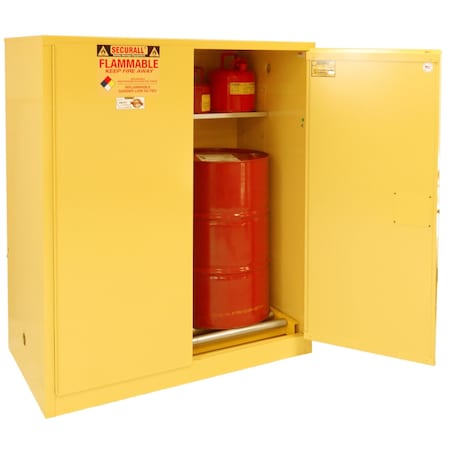 Securall Flammable Drum Storage Cabinet, 115 Gallon, 2 Shelves, 56 in W x 65 in H x 31 in D, Yellow V1500