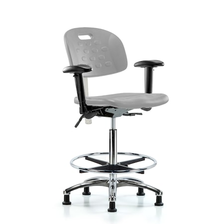 Blue Ridge Ergonomics CL100CleanRoom Chair-High Bench Ht with Seat Tilt, Adj Arms, Chrome FR, & Stat Glides in Gray Poly CLR-HPHBCH-CR-T1-A1-CF-RG-GRY