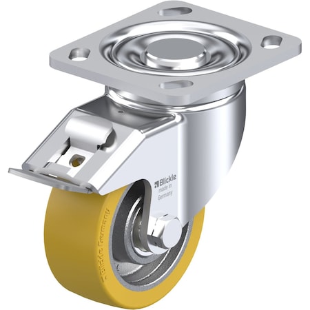 Blickle Swivel Plate Caster, PU, 4", Brake, Caster Wheel/Tread Material: Cast Iron/Polyurethane Elastomer LH-GTH 100K-14-FI