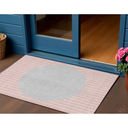 Homeroots 3' X 5' Pink And Silver Striped Washable Indoor Outdoor Area Rug 597187