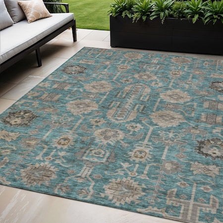 Homeroots 10' X 14' Teal Blue Aqua And Beige Oriental Washable Indoor Outdoor Area Rug 582139