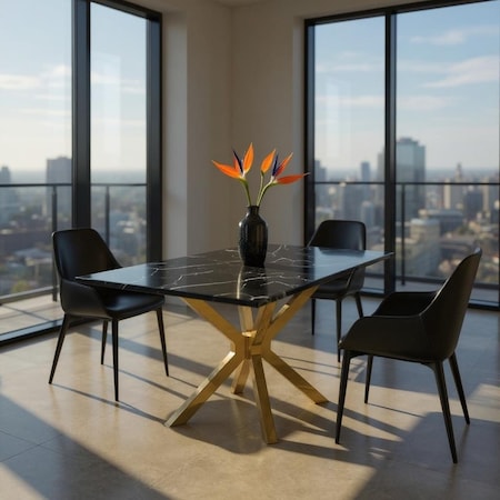 Homeroots 79" Black and Gold Marble and Metal Cross Leg Base Dining Table 602324