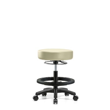 Blue Ridge Ergonomics Vinyl Mini-Stool-Medium Bench Height with Black Foot Ring & Casters in Adobe White Trailblazer Vinyl VMBMS-RG-BF-RC-8501