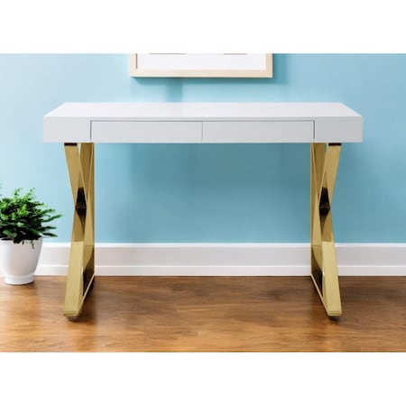 Homeroots 48" White and Gold Wood and Stainless Steel Sled Writing Desk With Two Drawers 543746