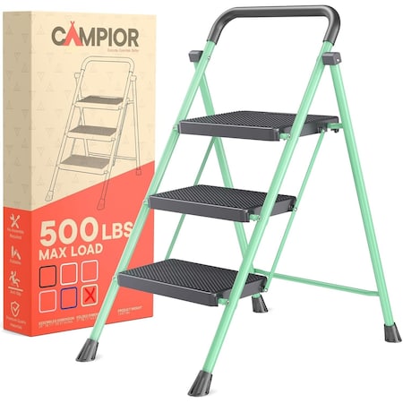 Campior Green 3-Step Foldable Stool, 500 lbs Capacity, Anti-Slip Feet, Steel Frame, Space-Saving Design DRIB3STP492