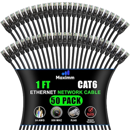 Maximm Cat6 Ethernet Cable 1ft 10Gbps 550MHz UTP, 50PK, Black, 50PK BK50PK02