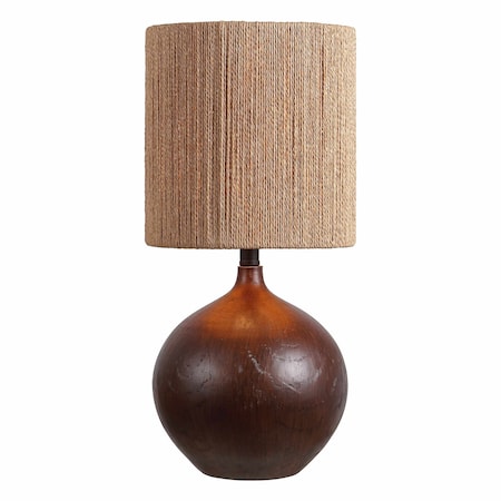 Jonathan Y Abram 22.75" Rustic Bohemian Resin/Metal Round Table Lamp w/ Paper Rope Shade, Dark Brown Wood Finish JYL9203B
