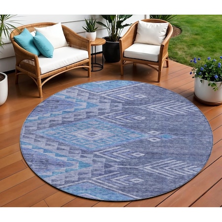 Homeroots 8' Navy Blue Charcoal And Gray Round Southwestern Washable Indoor Outdoor Area Rug 603553