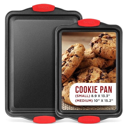 Bakken-Swiss 2-Piece Nonstick Bakeware Set, Carbon Steel Baking Sheets, PFOA-Free, w/ Red Silicone Handles BKB11SMD