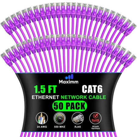 Maximm Cat6 Ethernet Cable 1.5ft 10Gbps 550MHz UTP, 50PK, Purple, 50PK CAT6CCA-1.5PU-50PK