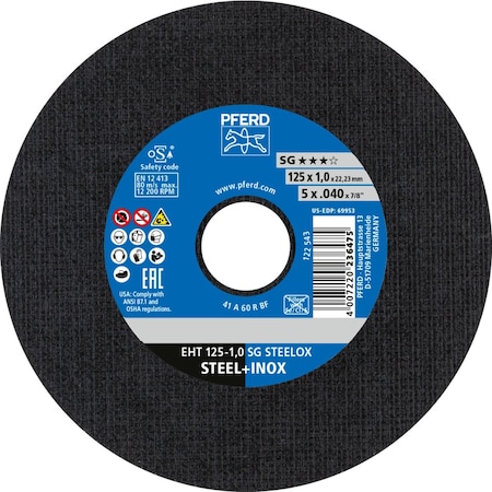 Pferd Cut-Off Wheel, Type 1, 5 in Dia, 0.040 in Thick, 7/8 in Arbor Hole Size, Aluminum Oxide 69953