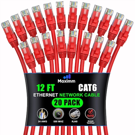 Maximm Cat6 Ethernet Cable 12ft 10Gbps 550MHz UTP, 20PK, Red, 20PK CAT6CCA-12RD-20PK