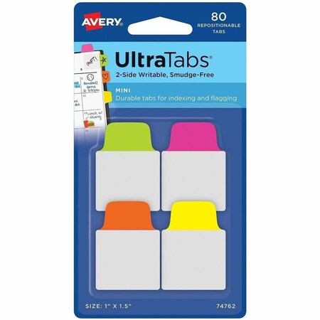 Avery Dennison Avery, ULTRA TABS REPOSITIONABLE MINI TABS, 1/5-CUT TABS, ASSORTED NEON, 1in WIDE, 80PK 74762